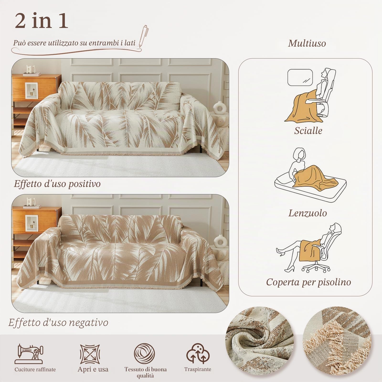 Copridivano 1-4 posti, Telo botanico, Foulard, Coperta reversibile ciniglia, 180x130 cm - Cachi