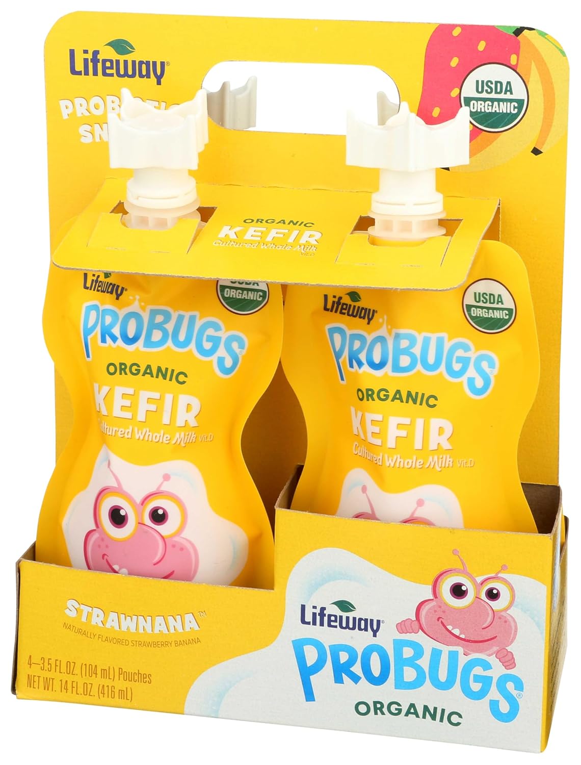 Lifeway Strawnana Organic Probugs Whole Milk Kefir, 3.5 Fluid Ounce - 4 count per pack -- 6 packs per case.