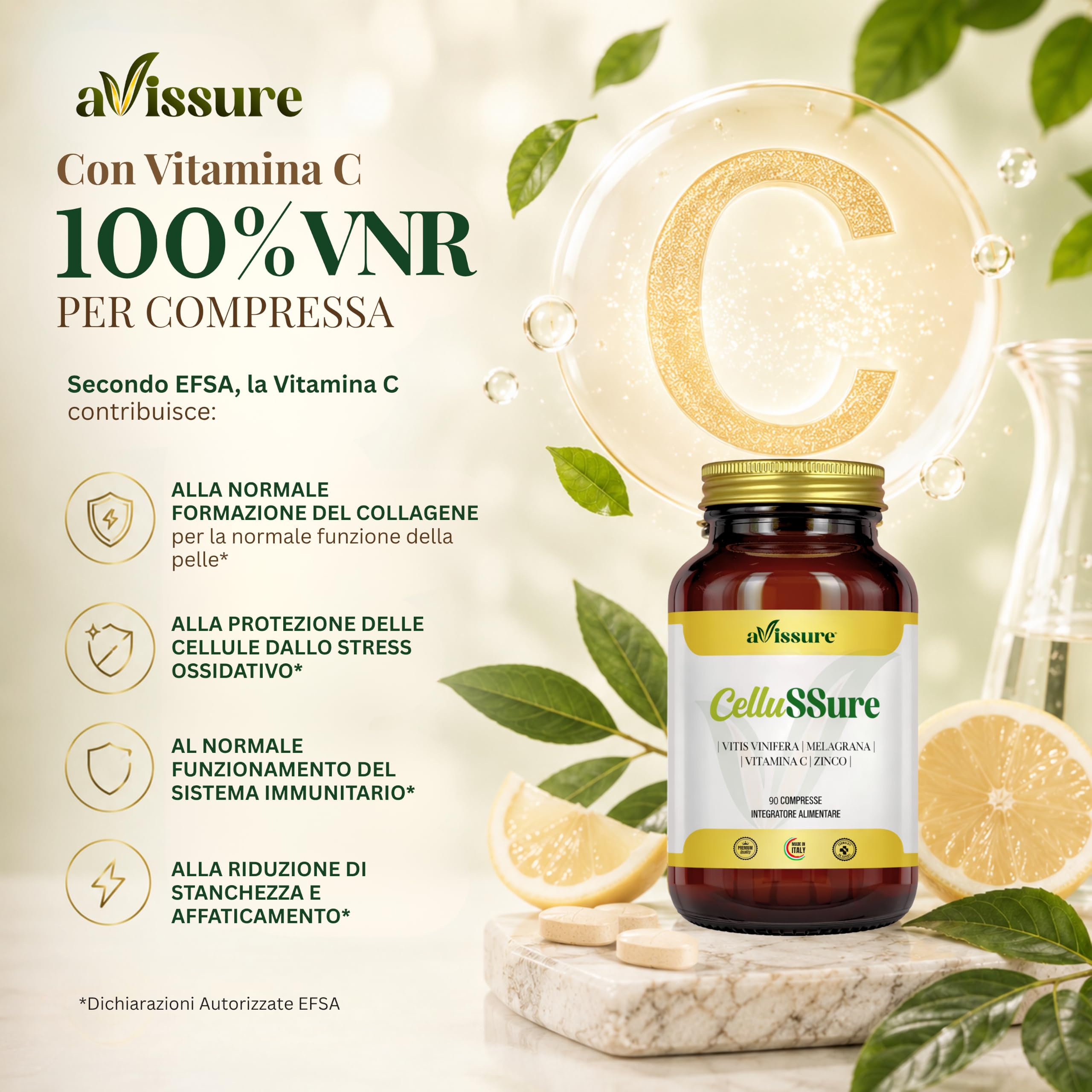 CelluSSure Integratore Alimentare 90 Compresse Vegan con Estratti Vegetali, Vitis Vinifera, Punica Granatum (Melagrana), Vitamina C Acido Ascorbico, Zinco Gluconato, 1 Compressa per 3 Mesi, avissure
