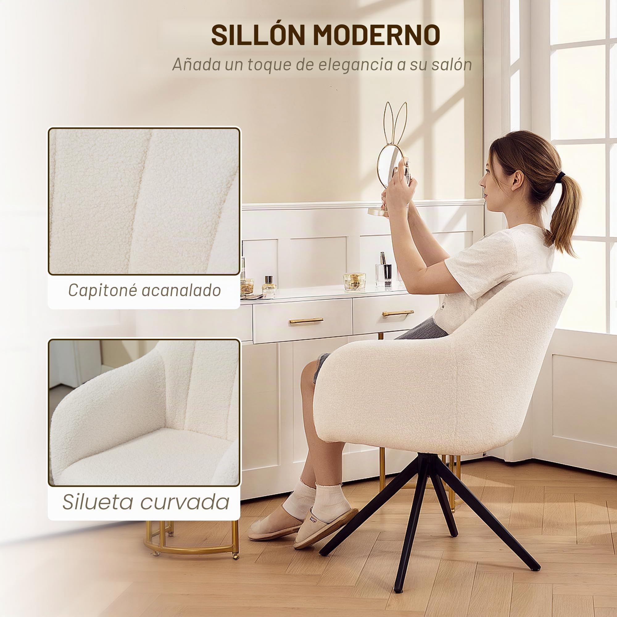 HOMCOM Sillón Giratorio Gran Comodidad Base de Acero Blanco | Sillón relax, sillón de dormitorio, tupido teddy pelo sintético, sala de estar, dormitorio, oficina