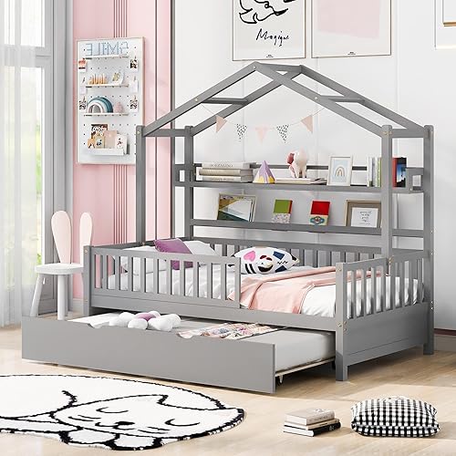 Miniatura 207 de Base de cama de casa de tamaño individual con techo y valla, marco de cama de madera para niños pequeños, adolescentes, niñas, niños, se puede
