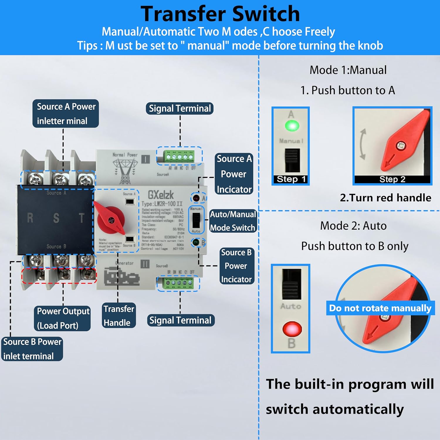 Automatic Generator Transfer Switch 100A 3P 4-Wire 120/240V Automatic/Manual Generator Transfer Switch Ensures Stable Power Transmission, Easy to Use
