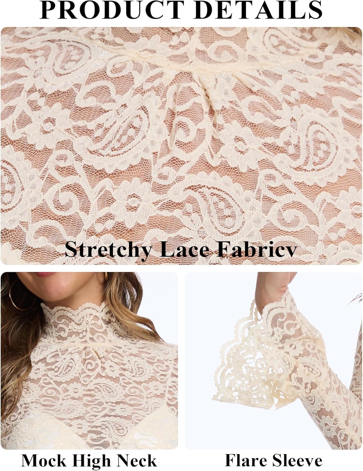 Women's Long Sleeve Lace Mesh Tops High Neck Sheer Blouse Sexy Floral Going Out Top - Image 5