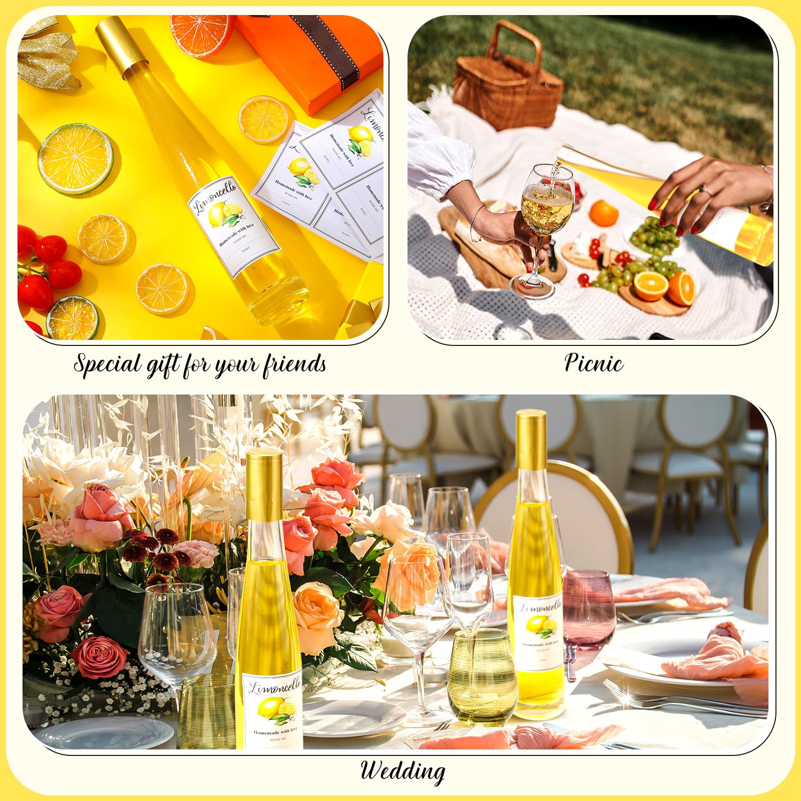 Maxcheck Set di 6 bottiglie di vino in vetro da 375 ml, con etichette adesive, ermetiche, vuote, trasparenti, con coperchio, per estrarre liquori fatti in casa, adatte per regali (limone)