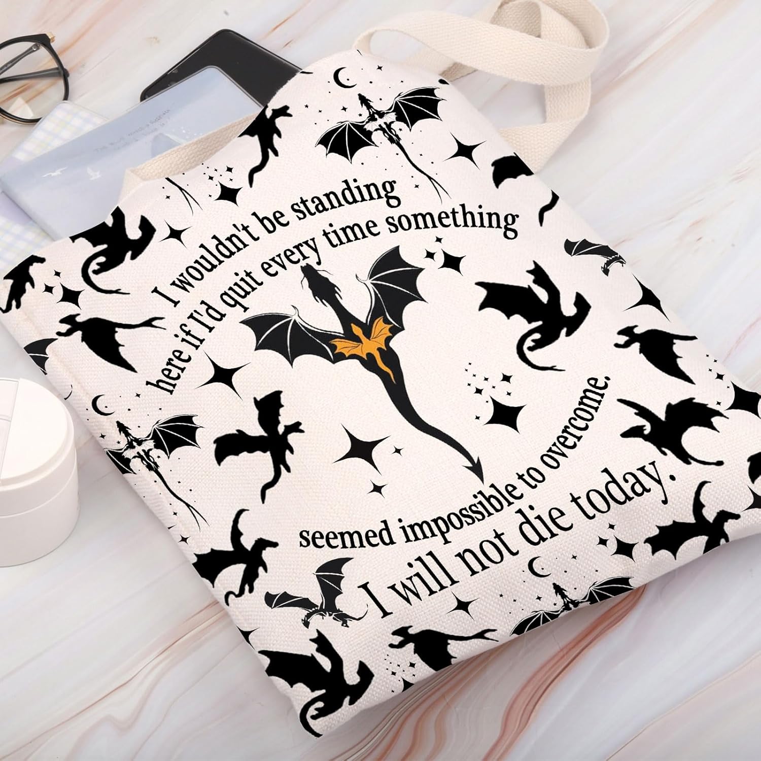 BDPWSS I Will Not Die Today Dragon Rider Gift Dragon Lover Handbag Fantasy Reader Tote Bag for Bookworm - Image 6