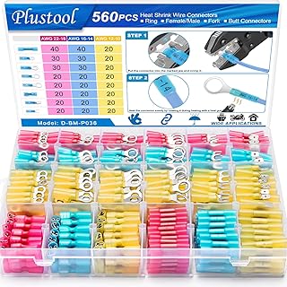 560PCS Marine Grade Heat Shrink Wire Connectors-Plustool Electrical Connectors Kit of Tinned Red Copper,AWG22-10 Multipurpose Waterproof Insulated Crimp Connector Terminals Ring Fork Spade Butt Splice