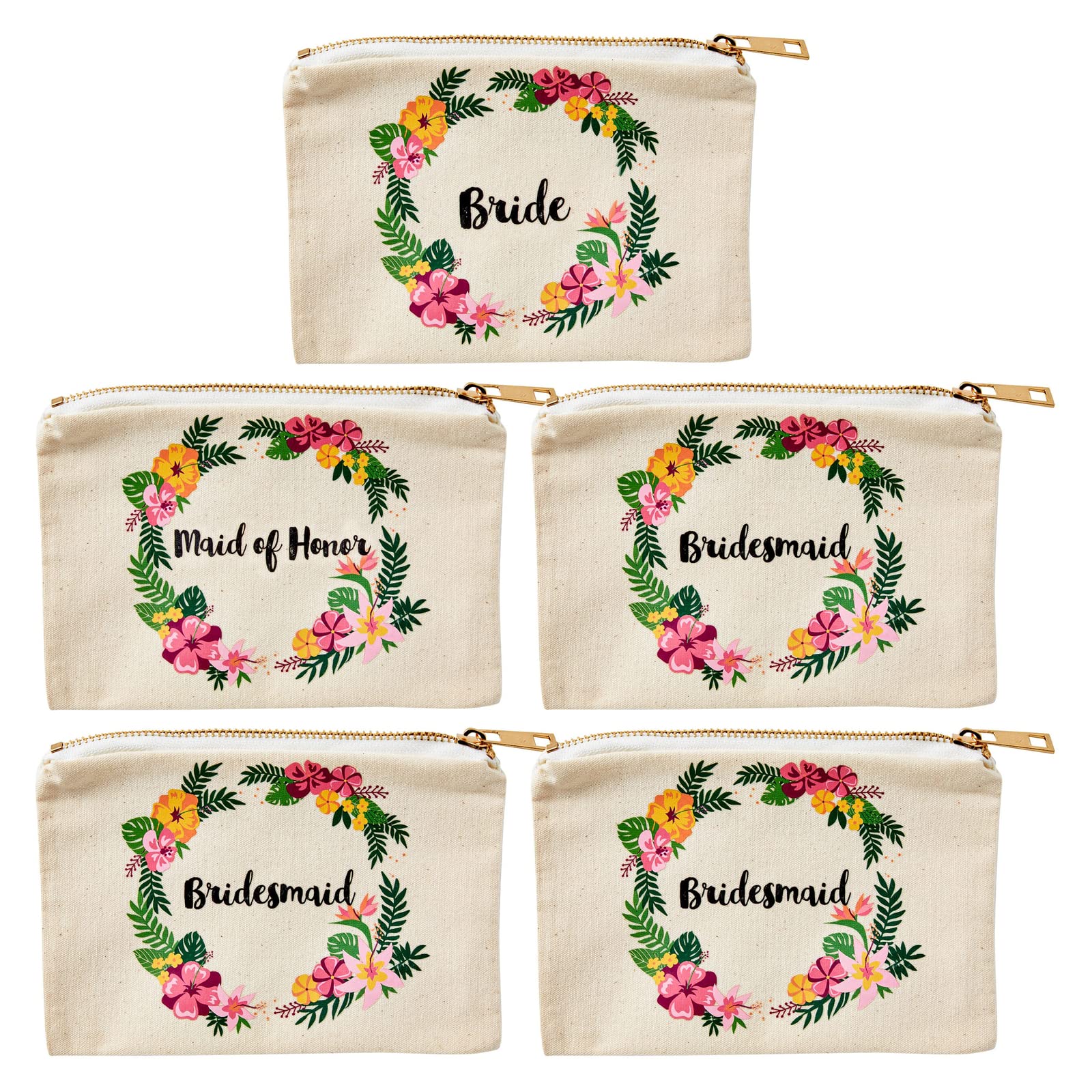 Juvale Floral Bridesmaid Makeup Bags - Bridal Shower Favors & Bachelorette Mini Pouches - Wedding Cosmetic Bag Set of 5 - Compact Canvas Pouches for