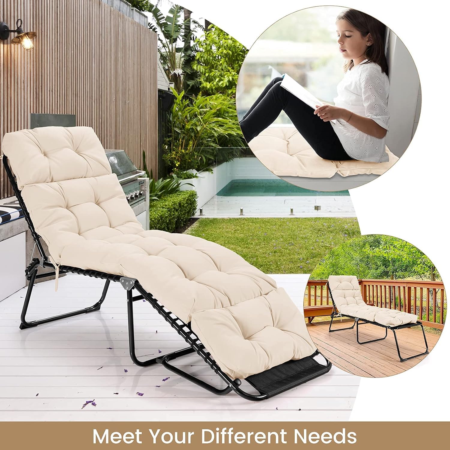 GRAFFY Patio Chaise Lounge Cushion, 72" x 22" x 4" Lounge Chair Cushion, Tufted Lounger Cushion with 4 String Ties, Thickened Oil-Proof, for Terrace, Poolside Outdoor Indoor (Beige)