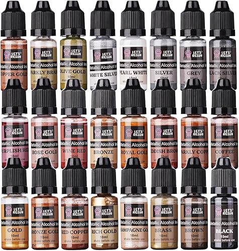 LET'S RESIN Juego de tinta de alcohol metálico, 24 colores, tinta de resina a base de alcohol de color metálico, mezclas de alta concentración