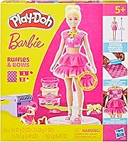Vista 14 de Play-Doh Barbie - Juego de volantes y lazos, haz ropa de muñeca con compuesto de modelado y 9 accesorios de moda, artes y manualidades para niñas