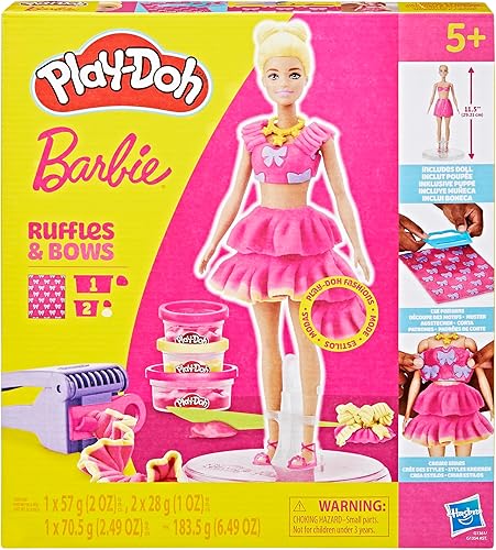 Miniatura 14 de Play-Doh Barbie - Juego de volantes y lazos, haz ropa de muñeca con compuesto de modelado y 9 accesorios de moda, artes y manualidades para niñas y