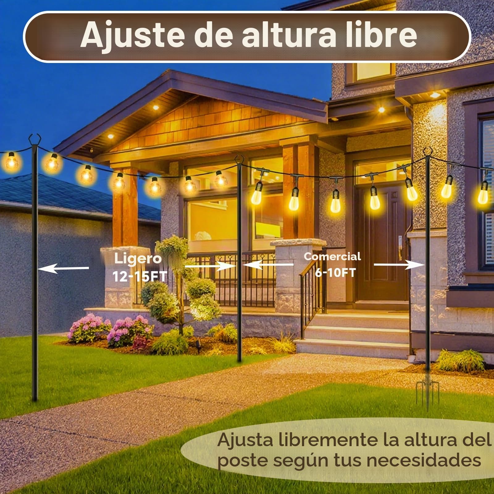 2 Piezas Postes de Luces de Cadena, Postes Metálicos de 3m para Luces de Cadena de Exterior, Soporte de Iluminación Resistente para Exteriores, Patios, Jardines, Fiestas y Decoración Navideña