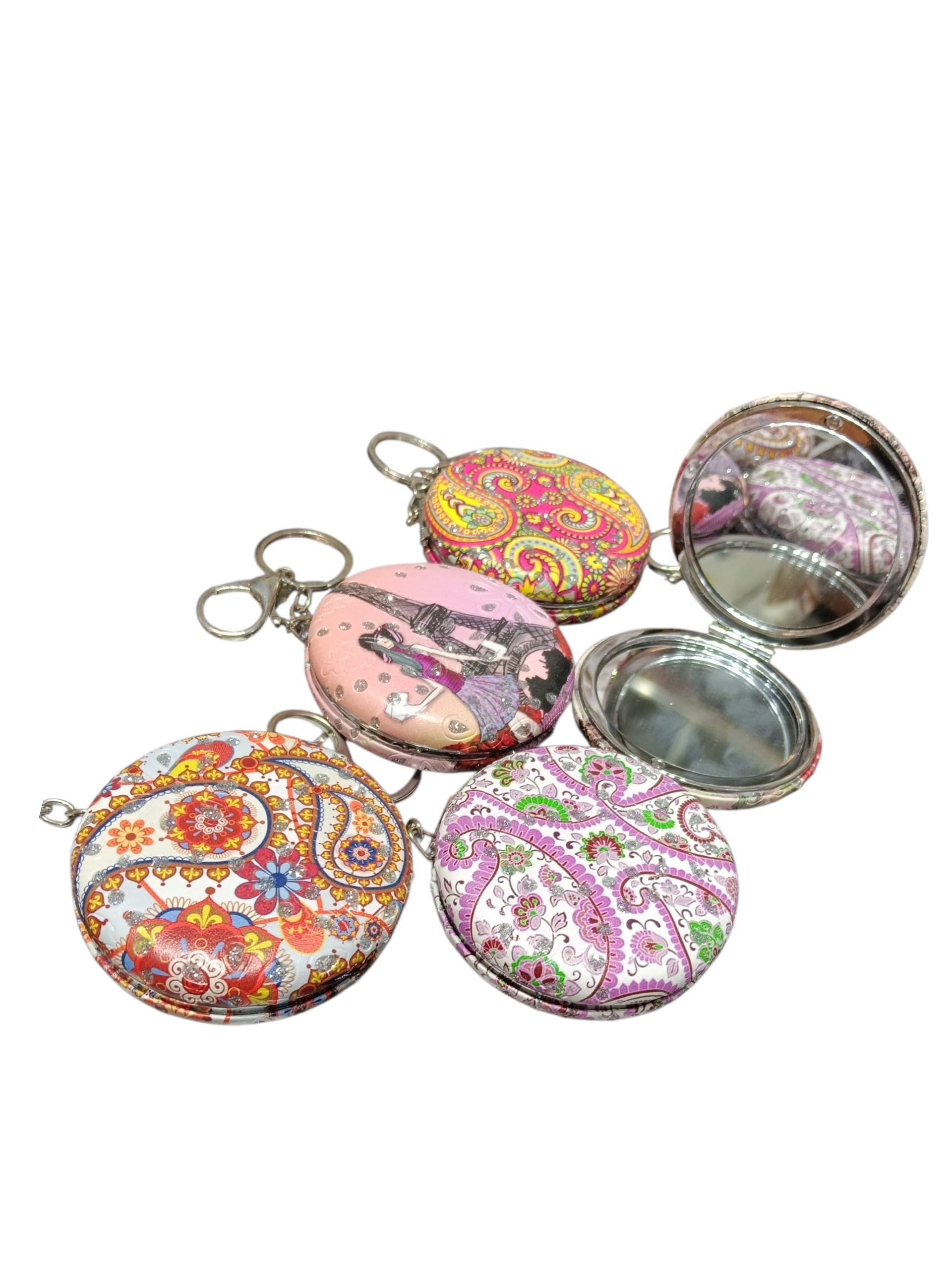 Round Shape Mini Folding Pocket Mirror with Keychain | Compact Travel Makeup Mirror | Double-Sided Portable Mirror for Women & Girls (Multicolor Design) Single piece Model no 2-image-41