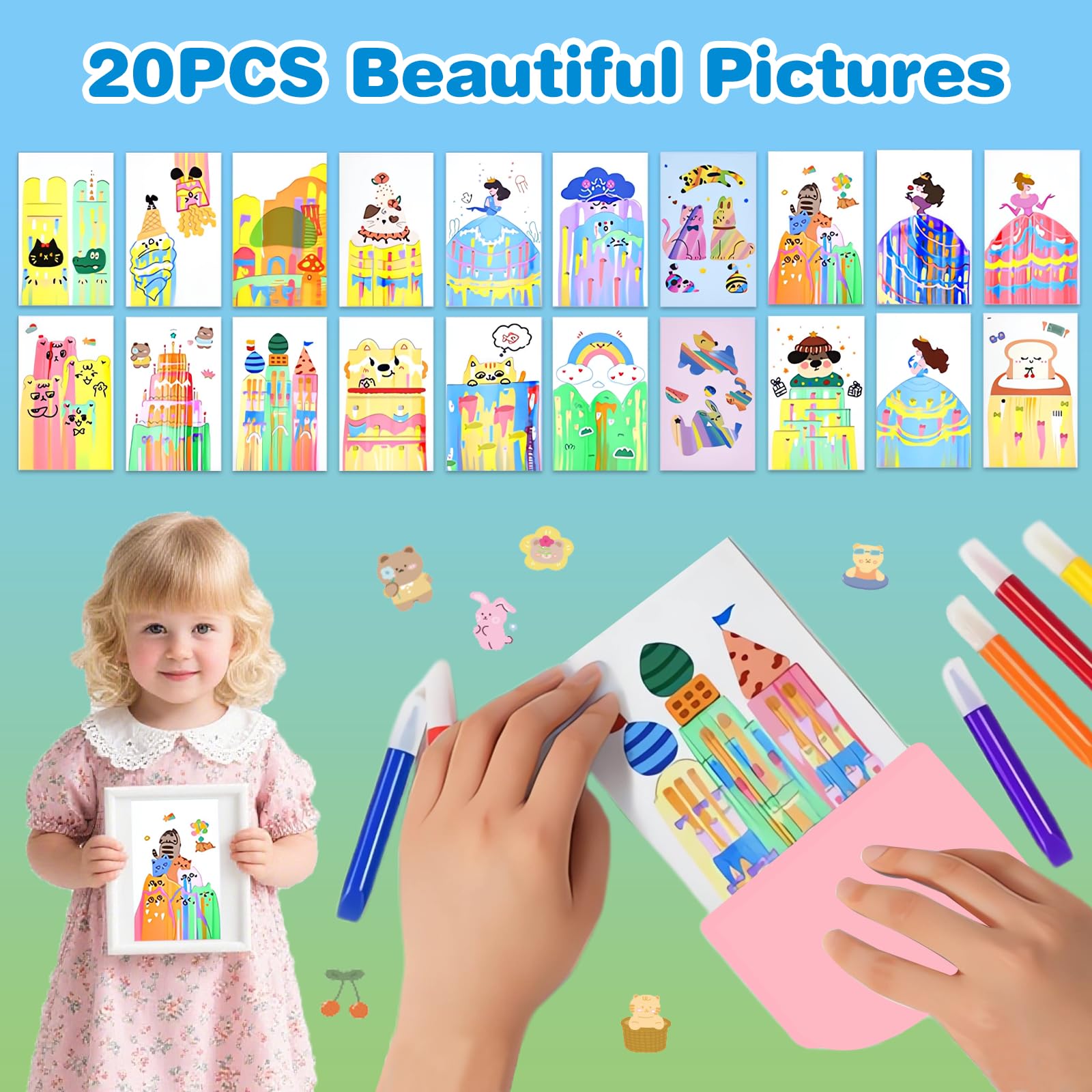 Kit De Peinture à Gratter Arc-en-ciel – 20 Cartes, 13 Stylos, Grattoir Et Stickers, Pour Enfants Dès 6 Ans, Activité Créative Et éducative