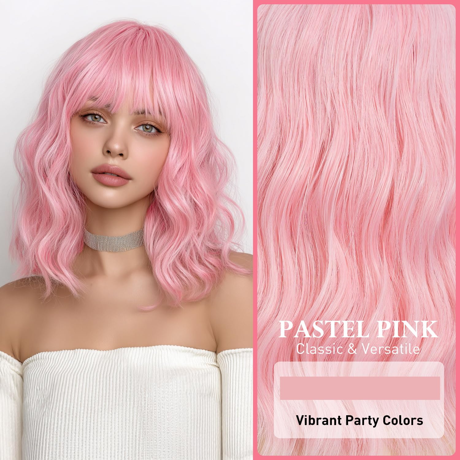 NOBLE Pink Wig Bob Wig with Bangs Short Loose Wavy Wigs for Women Shoulder Length Heat Resistant Synthetic Hair Bob Wavy Colored Wigs for Halloween Cosplay 12 Inches - Image 2