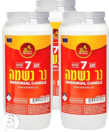 Ner Mitzvah Vela Yartzeit de 7 días, paquete de 3 velas Kosher Yahrtzeit Memorial y Yom Kippur en soporte de plástico