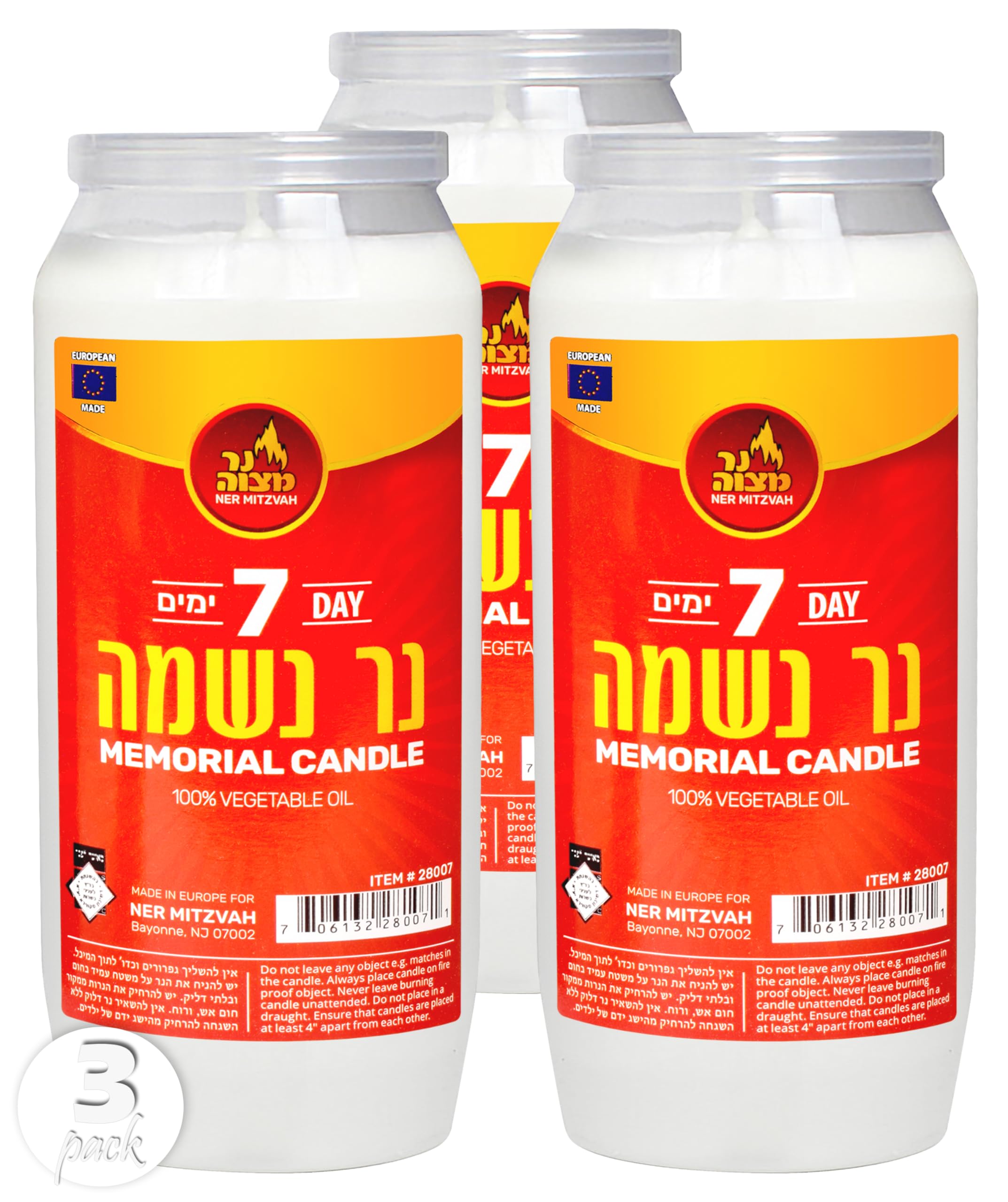 Ner Mitzvah 7 Day Yartzeit Candle - 3 Pack Kosher Yahrtzeit Memorial and Yom Kippur Candle in Plastic Holder