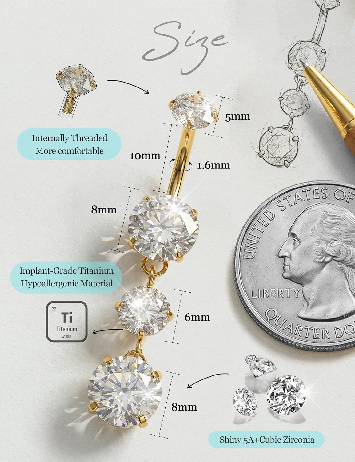 Tungary G23 Titanium Belly Button Ring for Women - 14G 3/8" Internally Threaded Navel Rings with 5A CZ Dangle Belly Button Ring Hypoallergenic Navel Piercing Jewelry, Gold & Titanium Silver - Image 6