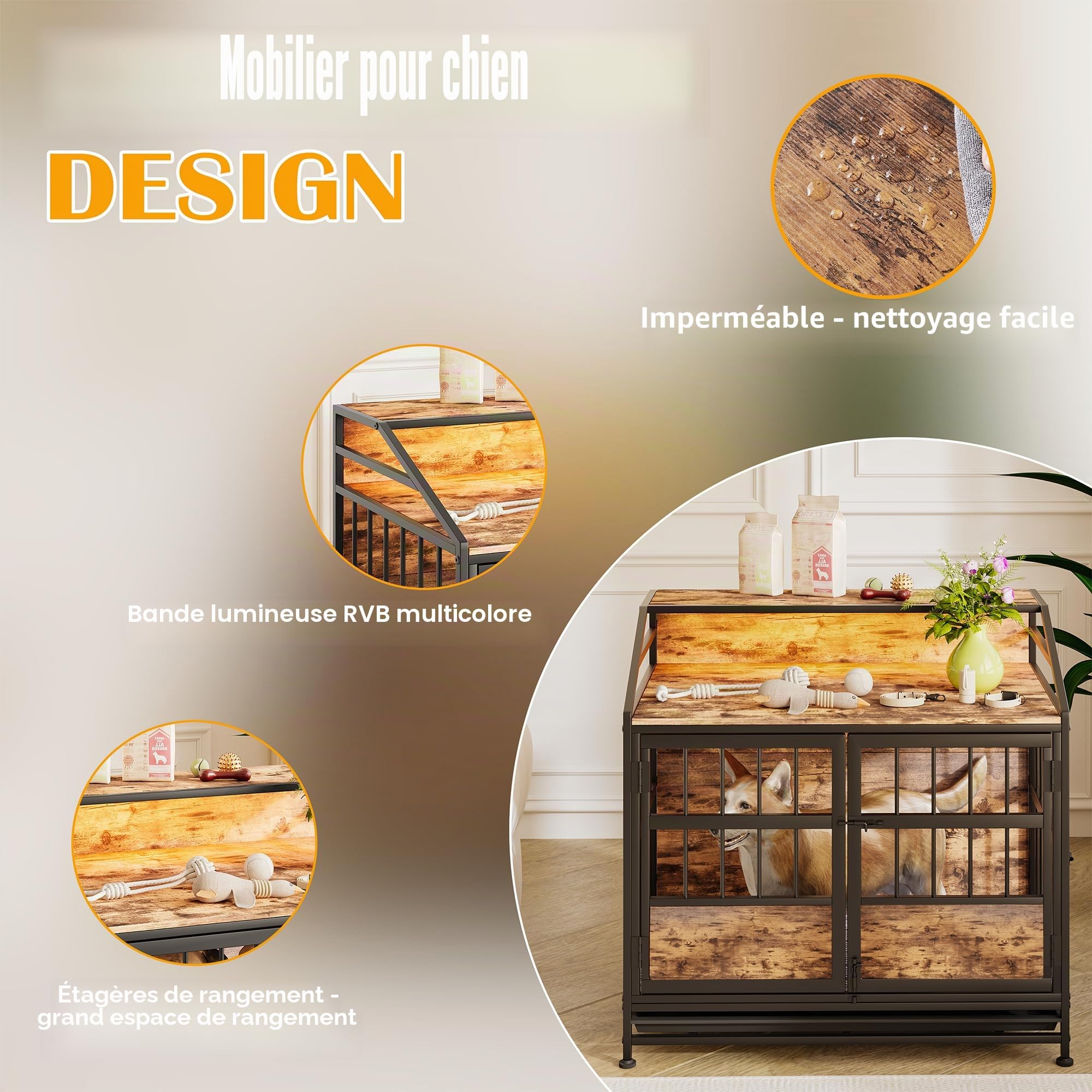 Cage chien, meuble rangement étagère, table bois, niche moyenne, plateau amovible