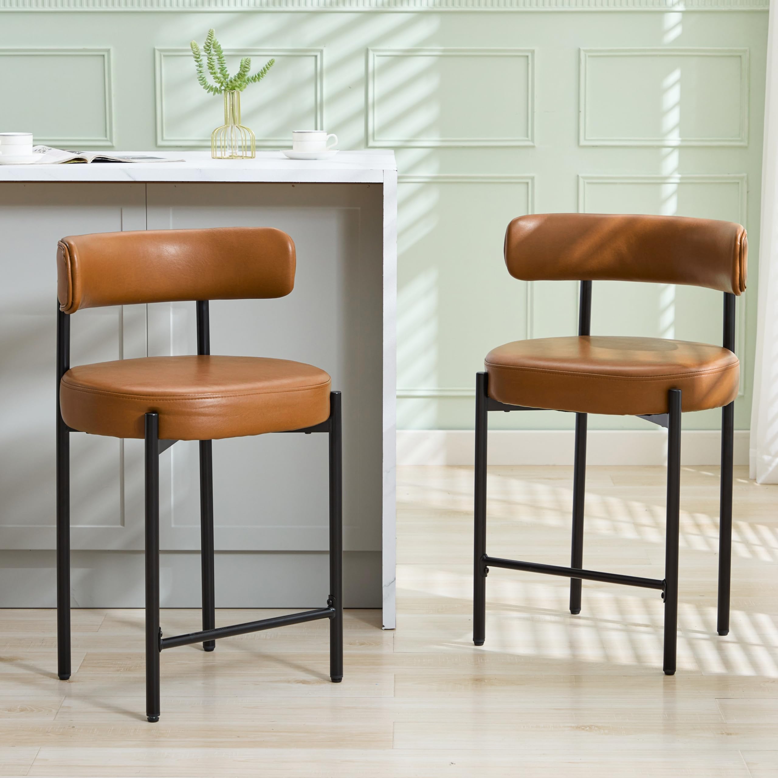 Forsalund Counter Height Bar Stools Set of 2, 24'' Faux Leather Bar Stools with Back, Mid-Century Modern Bar Chairs for Kitchen Island, Dining Room,