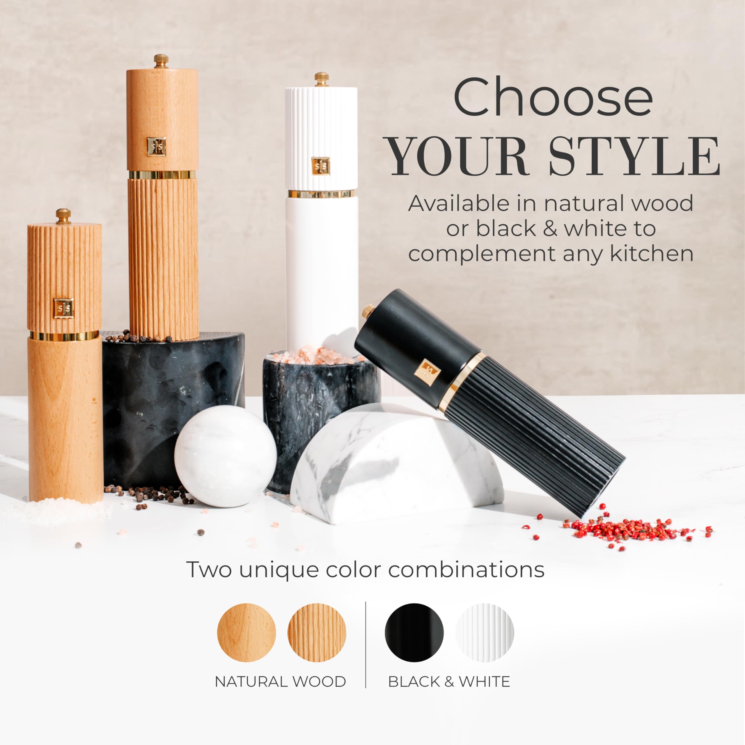 Styled Settings Juego de molinillos de sal y pimienta blanco y negro con detalles dorados, juego de dos molinillos manuales de madera recargables con molinillos de cerámica ajustables y soporte de