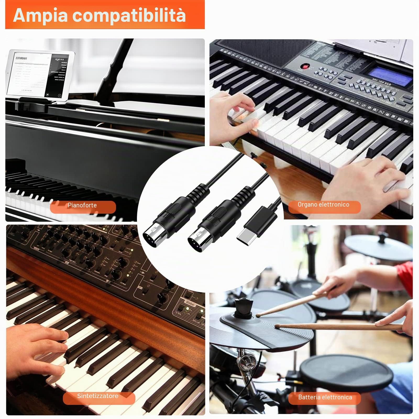 LEKATO Cavo MIDI Tipo C, Adattatore MIDI Tipo C a Interfaccia MIDI Convertitore Ingresso-Uscita MIDI da 6,5 Piedi Tastiera per PC/Mac/Laptop per Strumenti MIDI