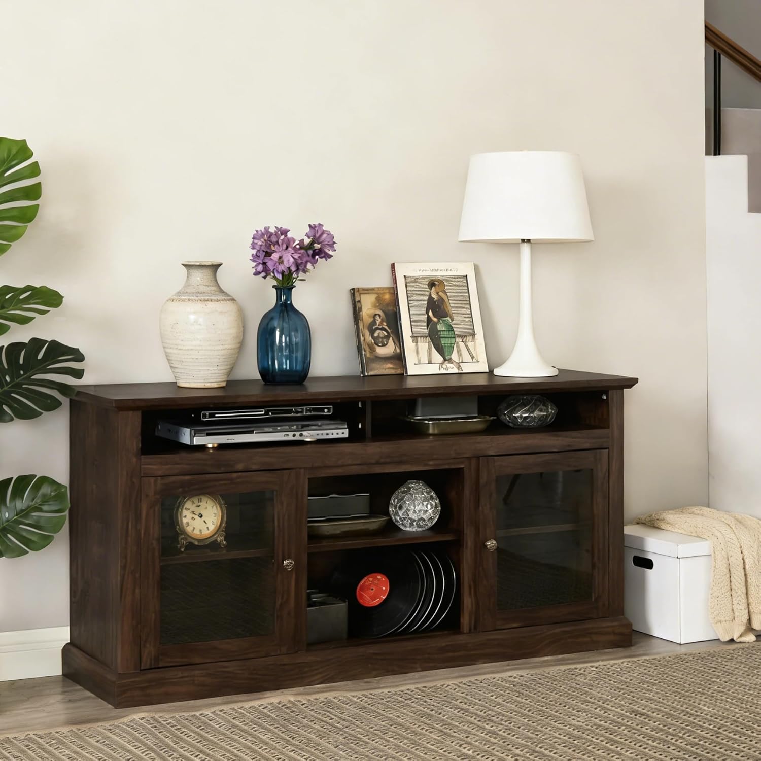 60" Farmhouse TV Stand for 65 Inch TV, Open Shelves Entertainment Center with Glass Door Storage Cabinet, Media Console Rustic Furniture for Living Room, Brown