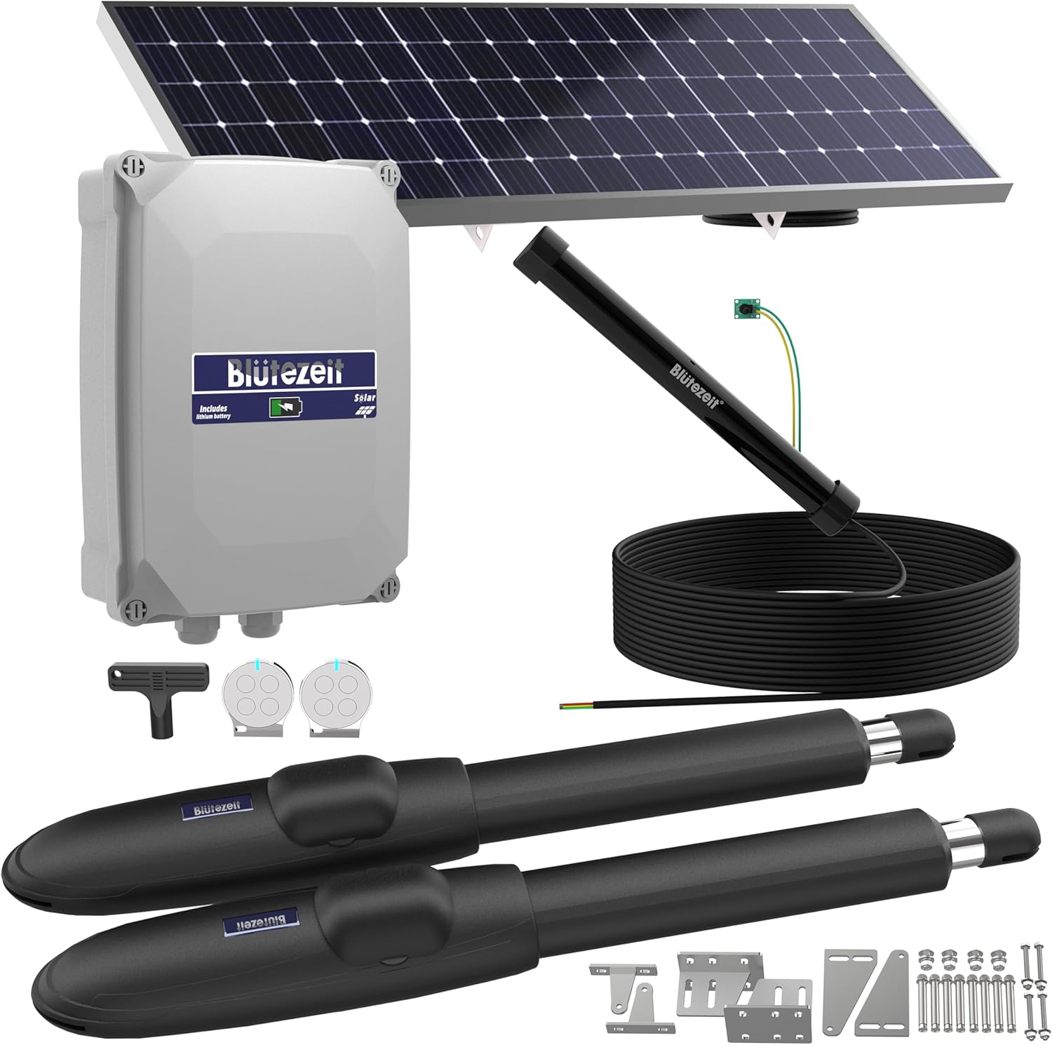 Blütezeit MS650 Solar Dual-Arm Swing Gate Opener + Exit Wand – 1760lb Operator with 24V Lithium Battery, 25W Solar Panel & Hands-Free Vehicle Exit Sensor