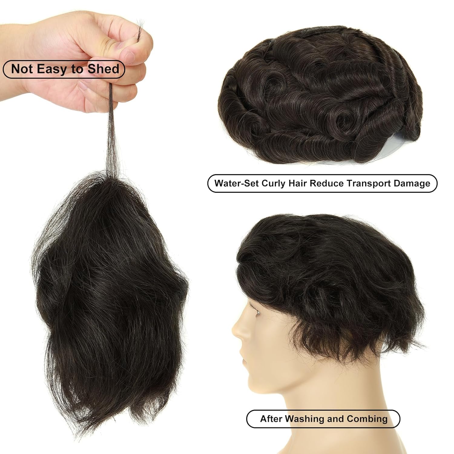 Swiss Lace Top and Invisible PU Around Base Toupee Hair for Men, 8x10 Inch Base V-Looped Invisible Hairline Remy Human Hair Piece #1B Natural Black