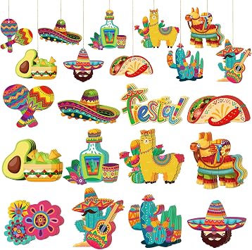 Cinco De Mayo Decorations 36Pcs Fiesta Mexican Party Ornaments Wooden Cinco De Mayo Tree Hanging Decorations for Fiesta Mexican Themed Taco Party Birthday Holiday Day of the Dead Decor Supplies