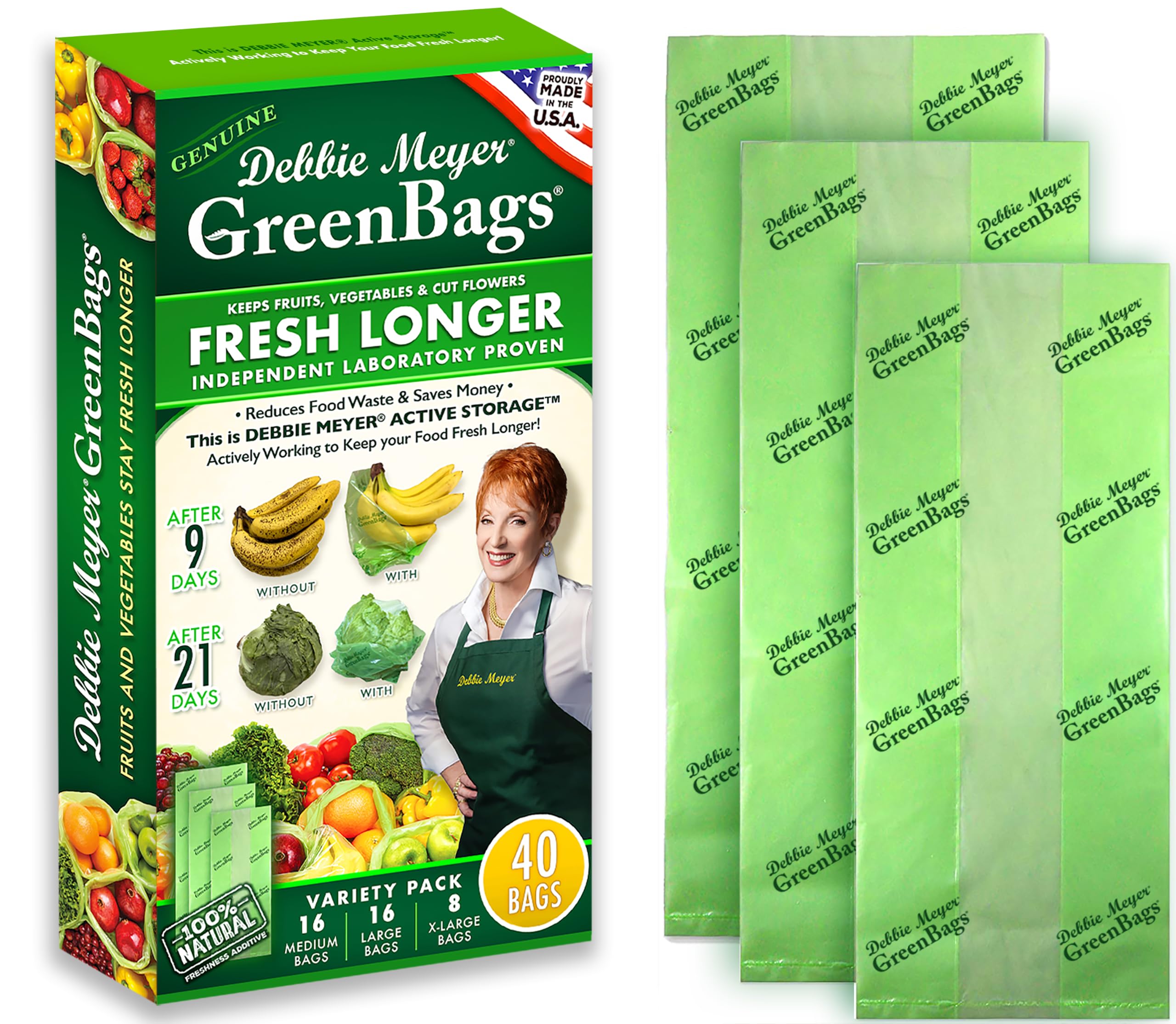 Debbie Meyer GreenBags, 40-Pack (16M, 16L, 8XL), Reusable Food Storage Bags