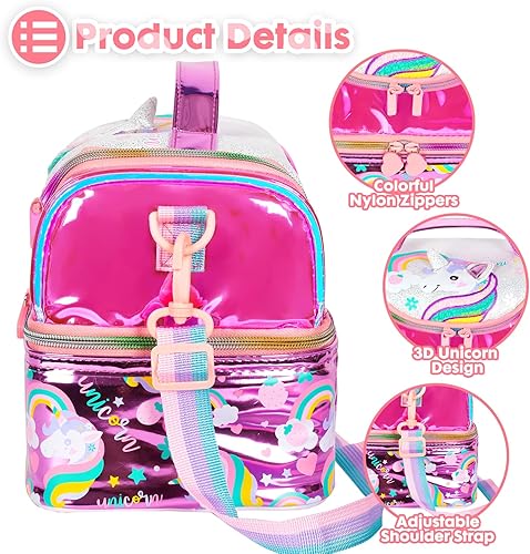 Miniatura 5 de YOYTOO Bolsa de almuerzo aislada de dos pisos para niños, niñas, hombres, mujeres, con correa ajustable, unicornio