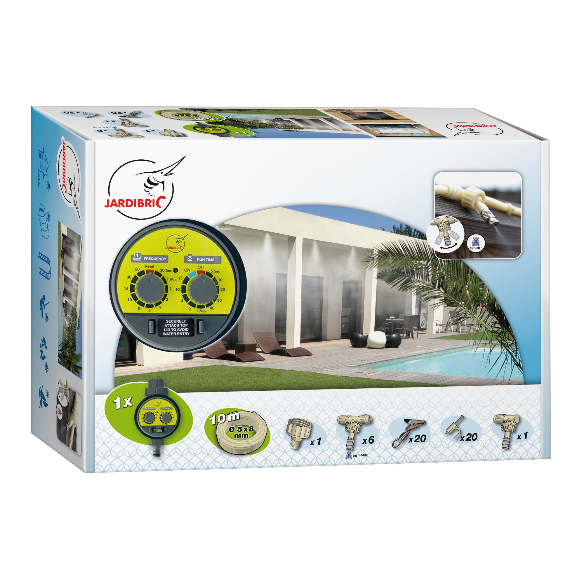 Jardibric - Kit Brumisation Extérieur 10 m 2 Bars avec Temporisateur - Système Brumisateur Buses Anti-Goutte