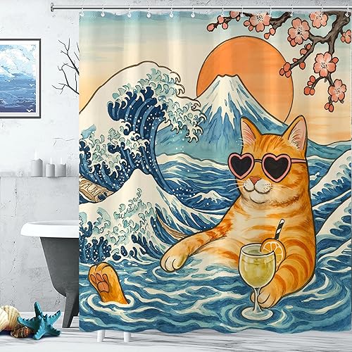 Miniatura 3 de Juego de cortinas de ducha relajadas con diseño de ondas de arte japonés impermeable, cortina de ducha para baño, divertida escena de vacaciones,