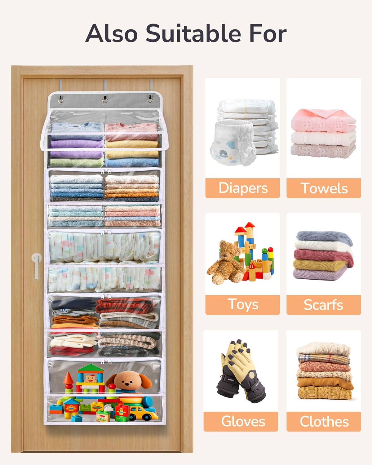 ULG Over-the-Door Yarn Organizer with Clear Pockets, 5-Tier Hanging Yarn Storage Cabinet for Crochet Supplies, Knitting Accessories, Zipper Door-Back Yarn Storage Organizer, Gray