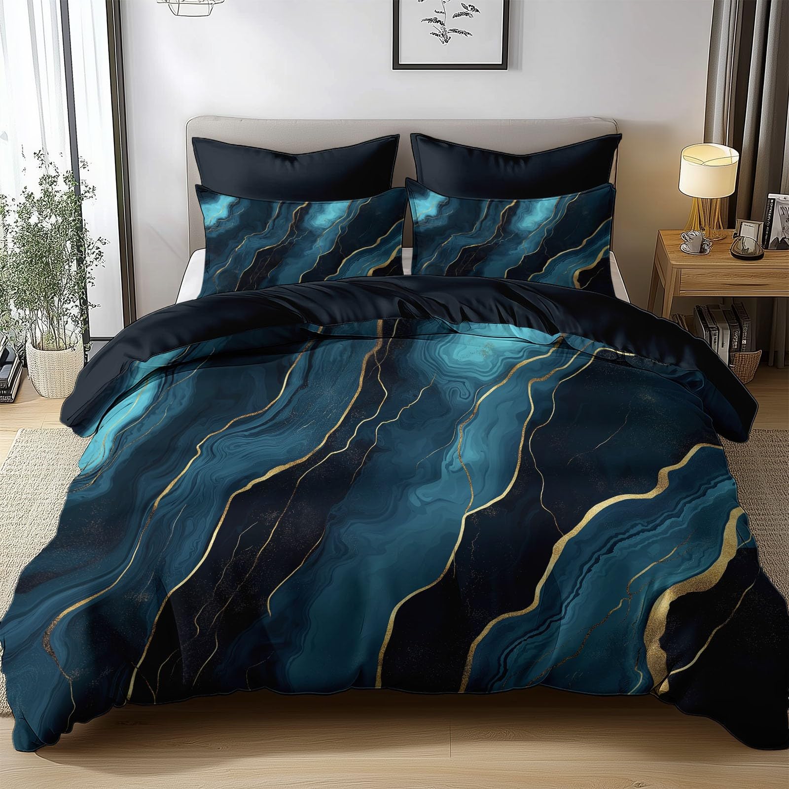 Bedding Duvet Cover Set Super King Size 220x260 cm Marble Blue Wave Pattern Easy Care Quilt Covers Soft Polycotton Bedding Set Breathable Hypoallergenic Bed Covers