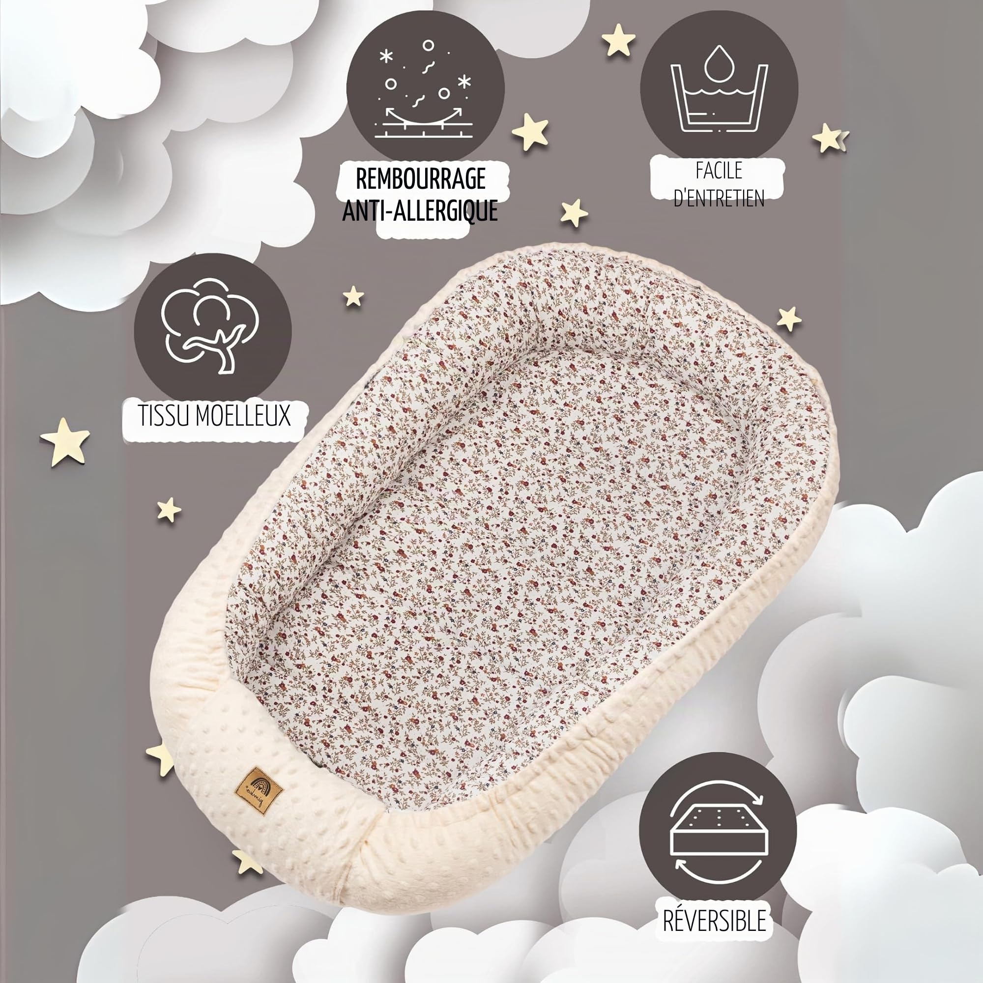 PIMKO Nid pour Bébé Beige – Cocon Bébé Réducteur d’Espace, Baby Nest Portable en Coton & Minky, Espace de Détente et de Repos pour Nouveau-né, Taille Ajustable 70–90 cm