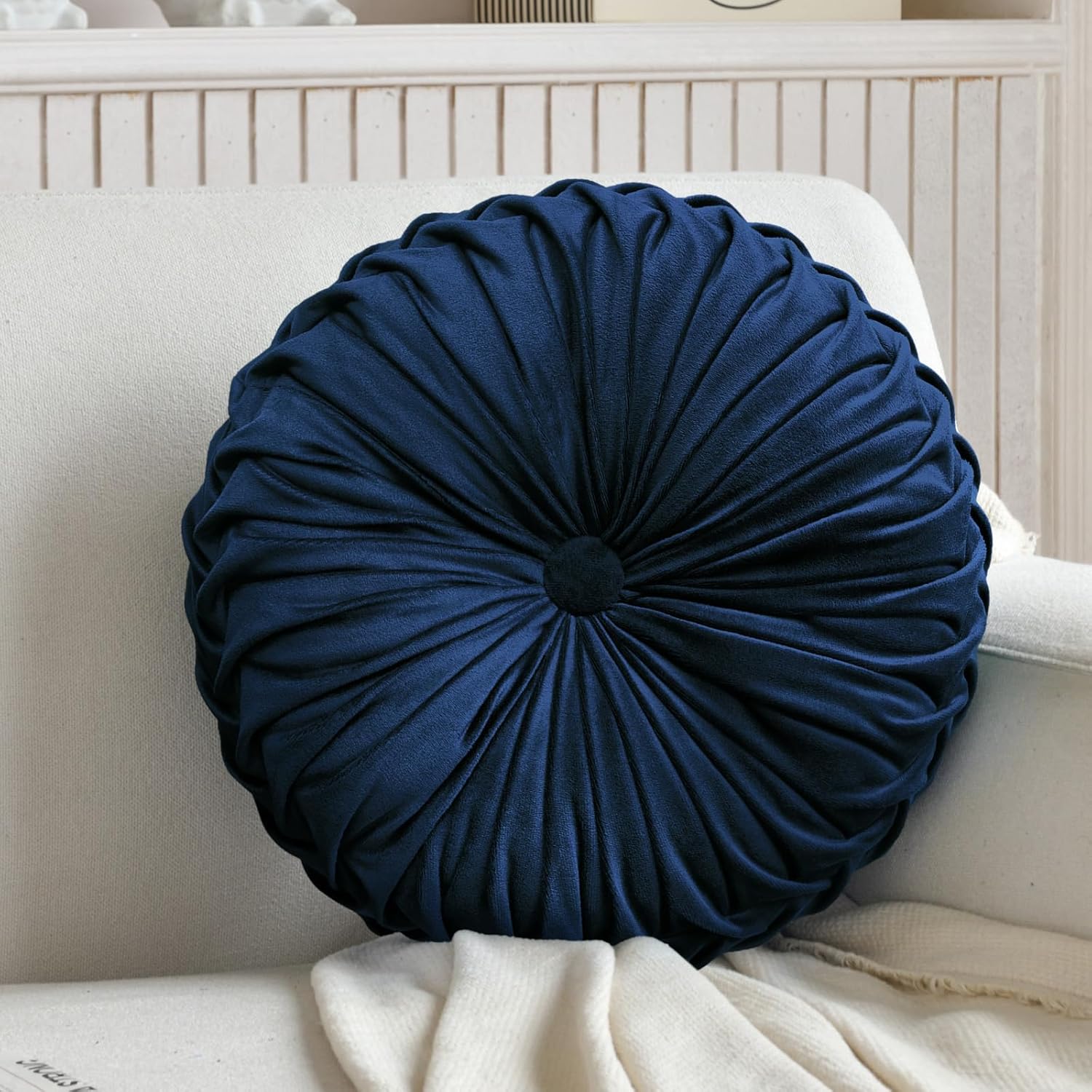 Teieas Round Throw Pillow Velvet Home Decoration Pleated Round Pillow Cushion for Couch Chair Bed Car (Navy Blue)