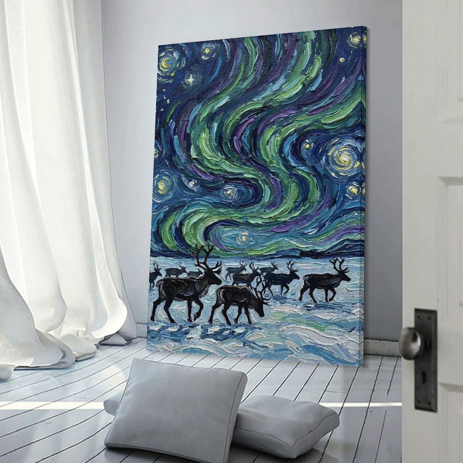 Junmoney Home Decor Wall Art Reindeer Under The Northern Lights, 16x24inch(40x60cm), for Flats, Guest Rooms Or Compact Rooms, Wall Decor with Flexible Room Appeal
