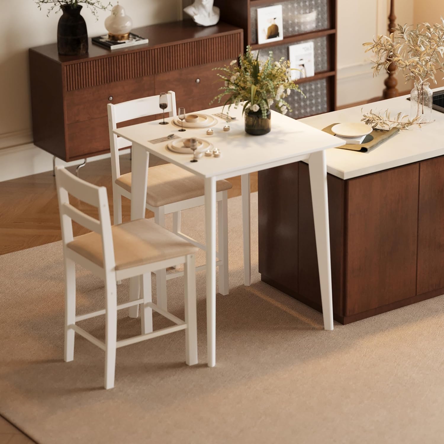 27.5 inch Bar Table, Solid Counter Height Table, Square High Top Table for Dining Room, Living Room, White