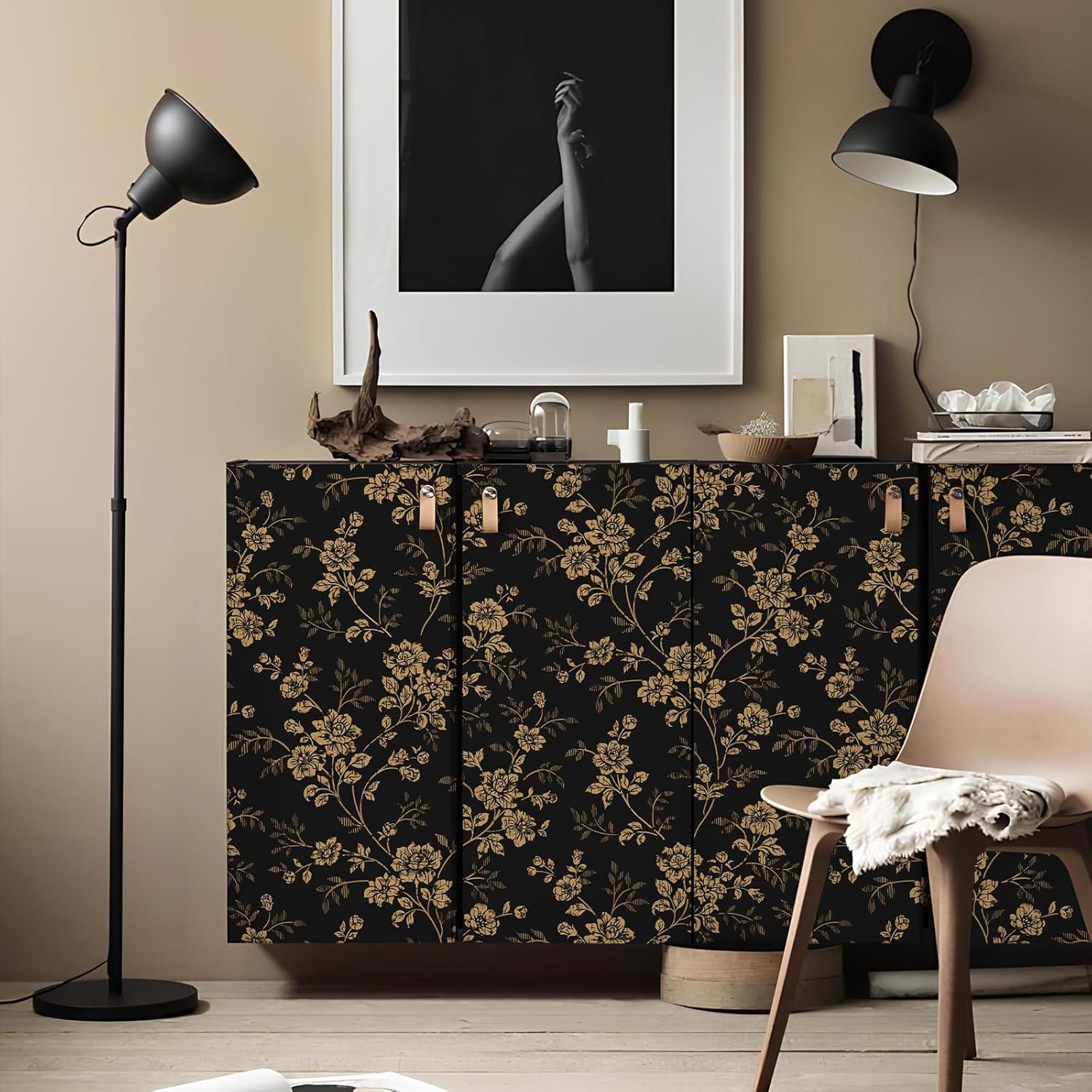 Cohoo Home Black Gold Peel and Stick Wallpaper Floral Flower Gold Contact Paper for Cabinets Mural Moody Vintage Self-Adhesive Removable Wallpaper for Bedroom Bathroom Waterproof Dark 17.3inW 197inL