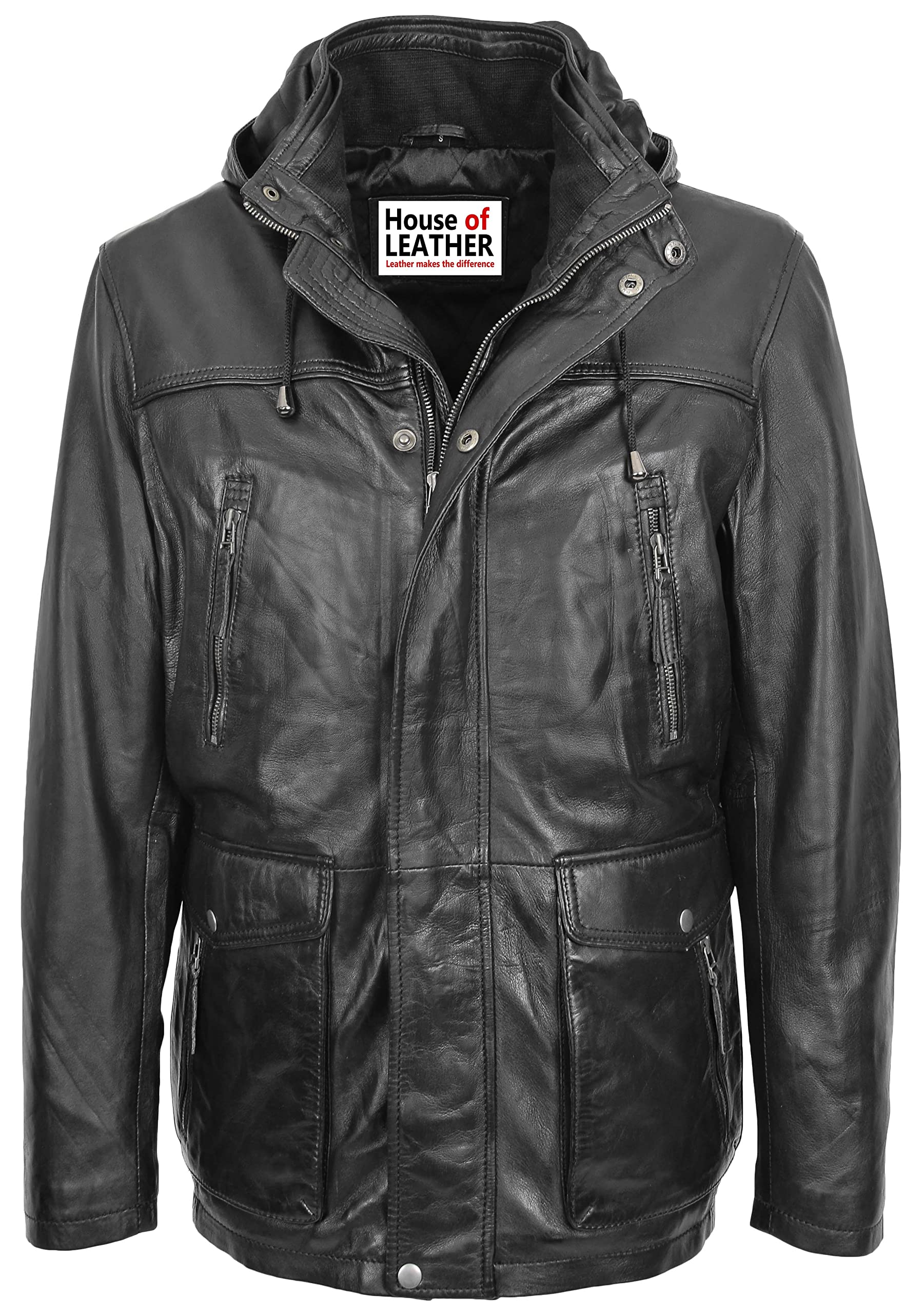 House Of Leather Men's Black Real Leather Parka Classic Detachable Hoodie Coat Logan (3Xl)