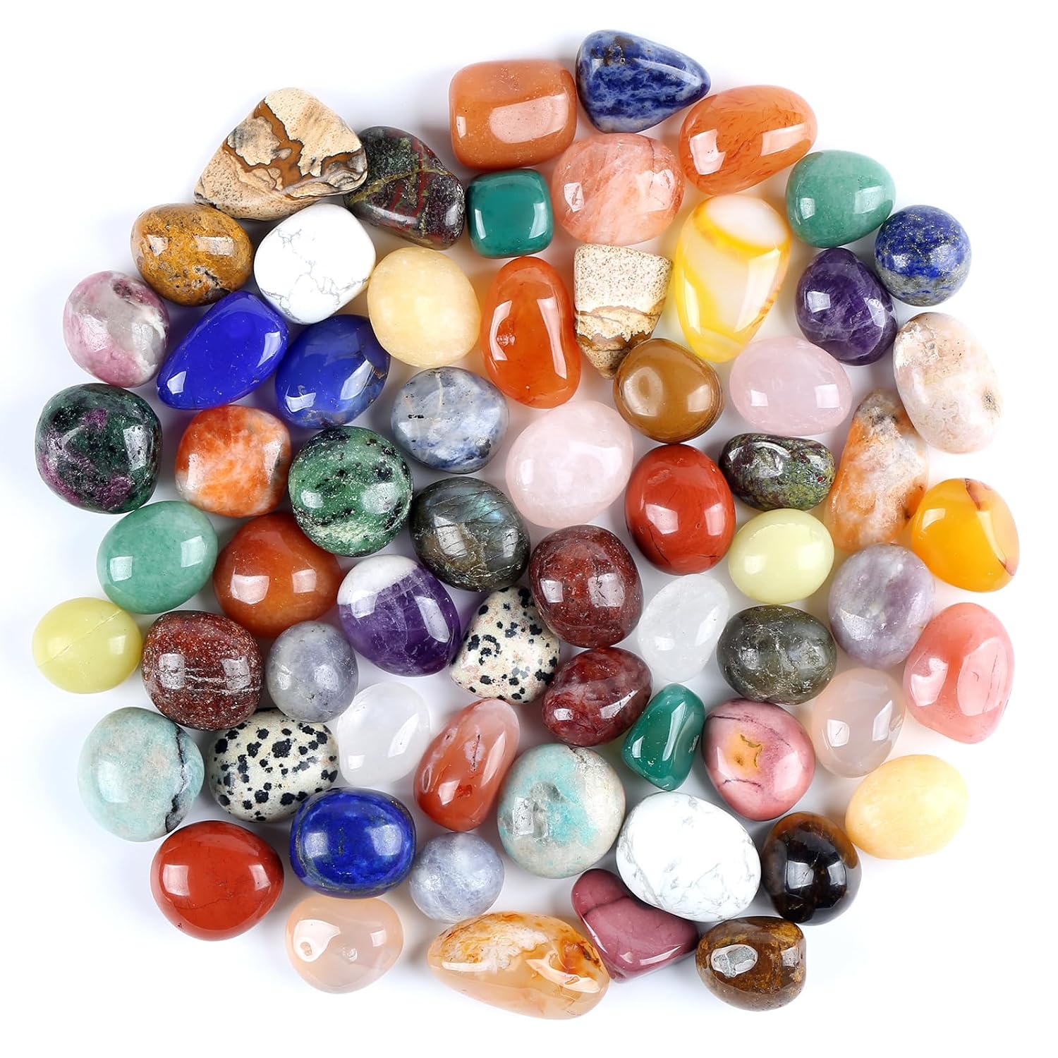 ZenQ 32 Different Crystals and Gemstones Set, Assorted Tumbled Stones | Mixed Colorful Polished Rocks for Kids, Crafts, Decoration, Collection, Approx. 0.6"-0.8"