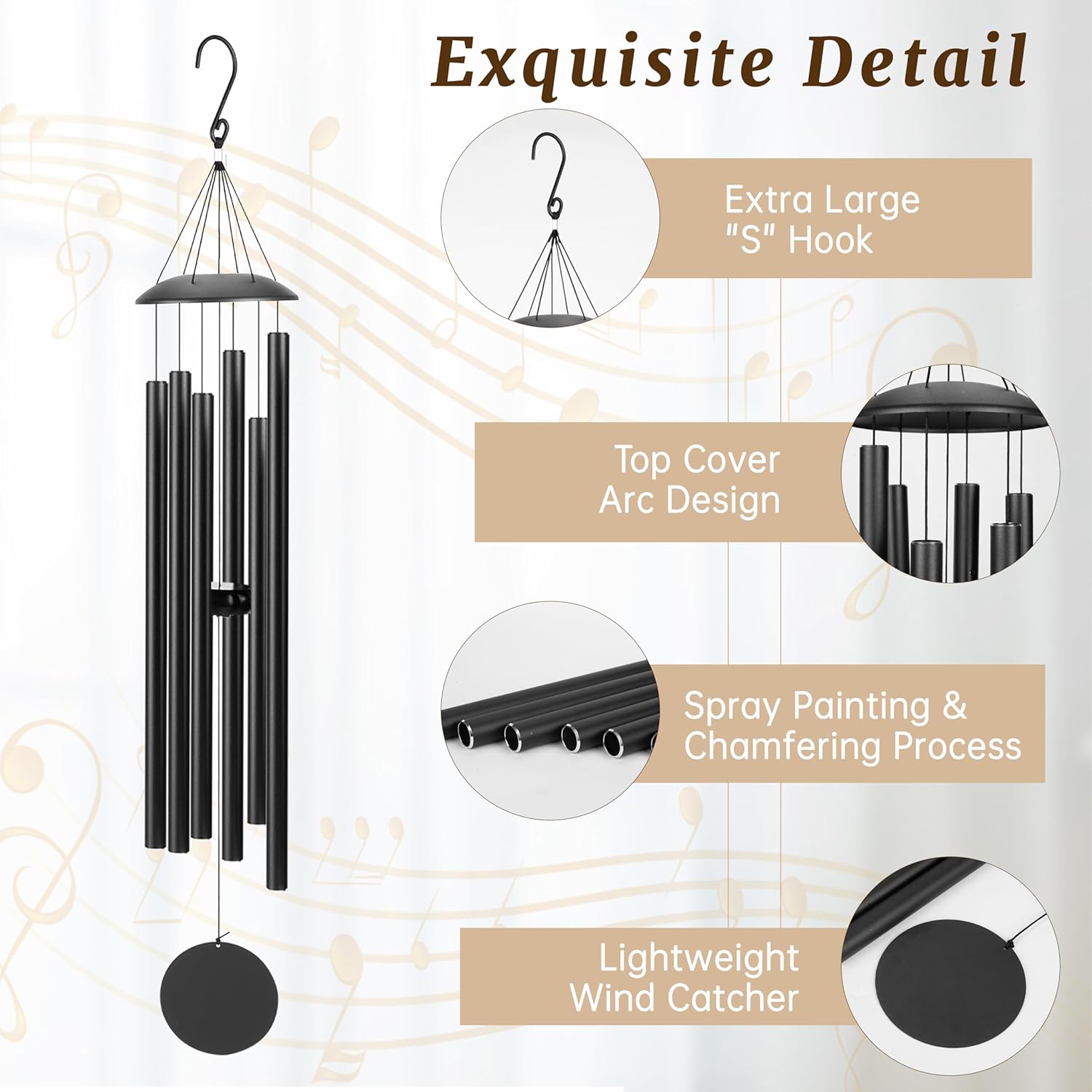 38" Large Aluminium Wind Chimes with Deep Tone Sound, Coolest Metal Windchimes Outdoors with Pine Wood Striker, Unique Gift for Mom, Garden Decoration(Black, Thick) - Image 4