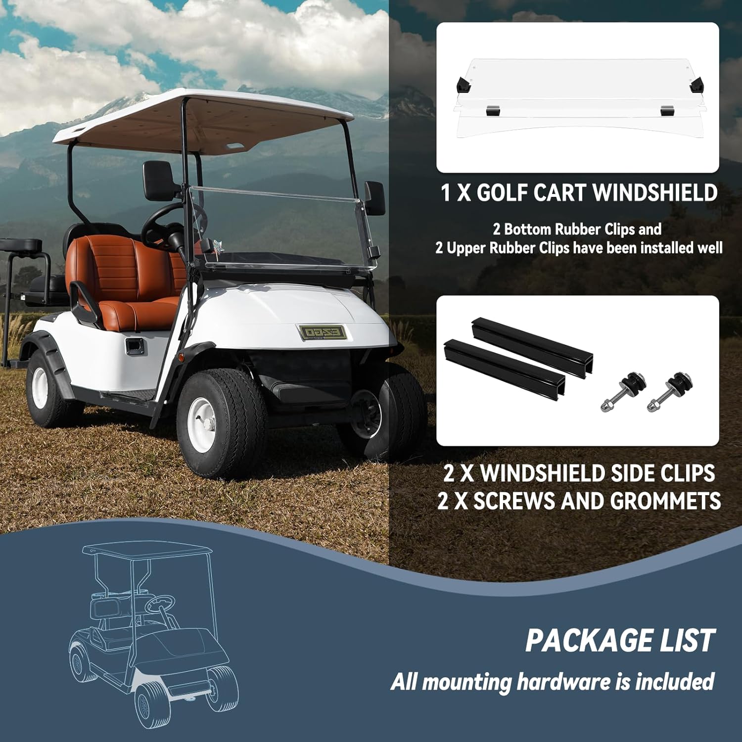 Golf Cart Windshield for EZGO/Club Car DS/Precedent/Yamaha Gas & Electric Models, 5MM Thicken Foldable, Clear Highly Transparent and Impact Resistant Acrylic