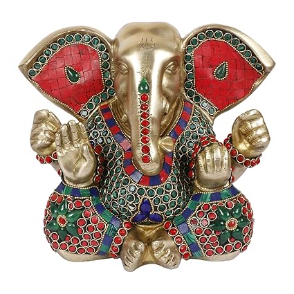 Kartique Brass Mangalkari Ganesha Idol, Home D cor Gift Showpiece, Multi-Color, 8 Inch Height
