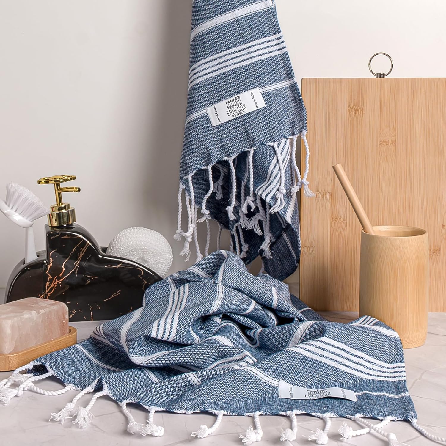 Hand Towels - Set of 2 | 18" x 30" - Decorative Turkish Hand Towel for Bathroom, Kitchen, Guest, Face, Hair, Tea, Dishcloth (Sultan, Dark Blue)