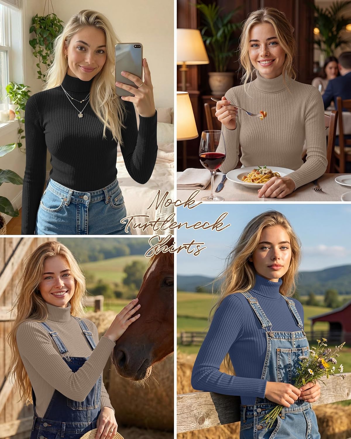 3 Pack Women’s Ribbed Turtleneck Tops Long Sleeve Cotton Stretch Shirts Slim Fit Base Layer Undershirt Tees - Image 2