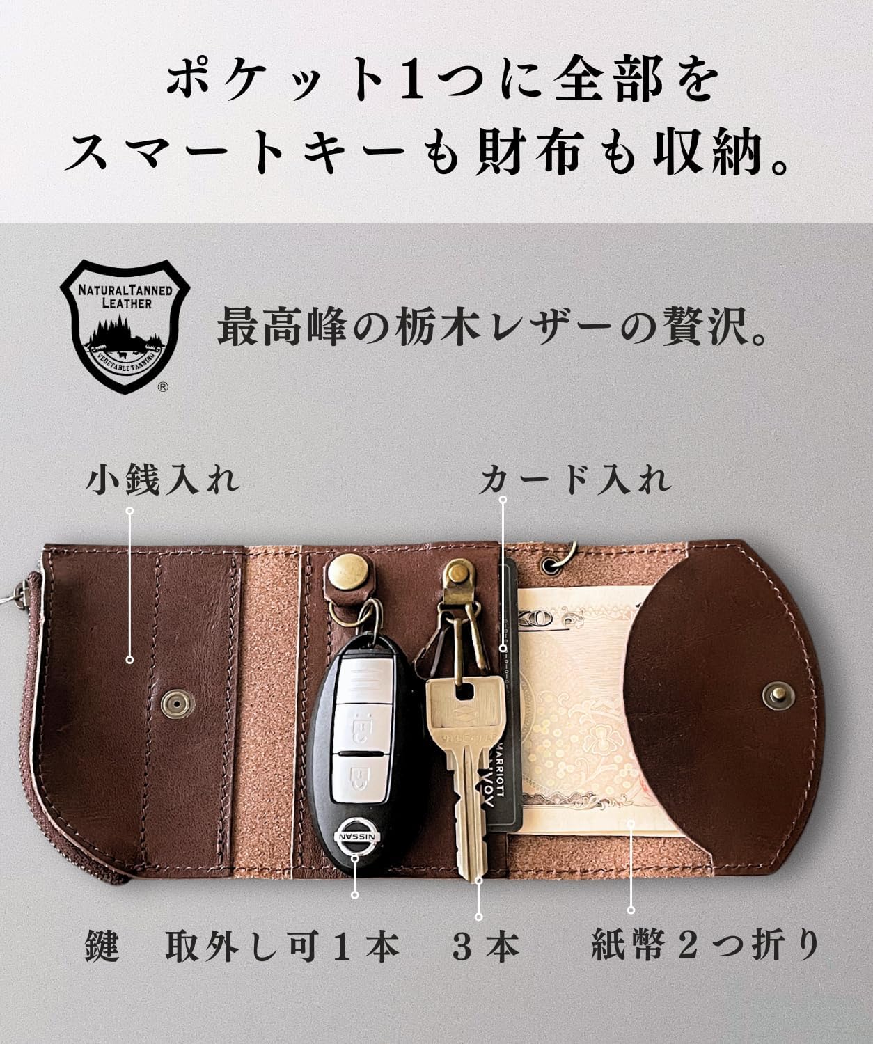 [iaji] キーケース メンズ スマートキー対応 スマートキーケース 小銭入れ 革 栃木レザー 財布