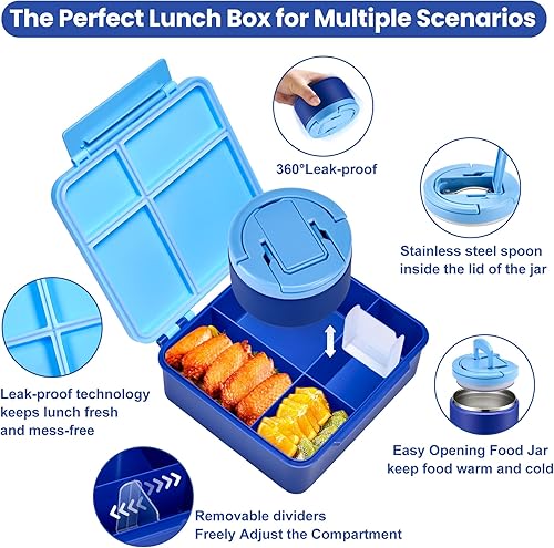 Miniatura 4 de Lonchera Bento para niños con termo de sopa de 8 onzas, recipientes de comida a prueba de fugas para niños con 4 compartimentos, tarro térmico